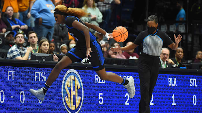 Kentucky Wildcats guard Rhyne Howard (10) saves the ball on the sideline during the first half against the Tennessee Lady Vols at Bridgestone Arena.